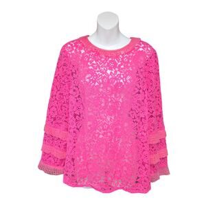 J Crew Womens Large Re-imagined Lace Blouse Pink Floral Sheer Tulle Feminine
